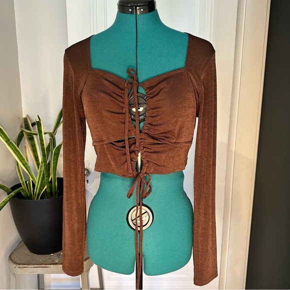 H&M Long Sleeve Tie Front Crop Top Brown Size Large - Picture 1 of 9